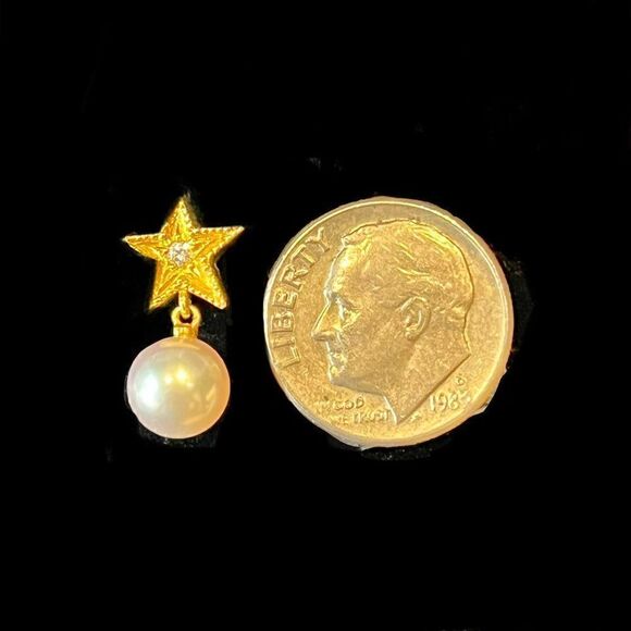 Mikimoto Estate Akoya Pearl Diamond Tie Pin 18k Y Gold 0.05 Ct 7.20 mm M292 - Picture 2 of 3